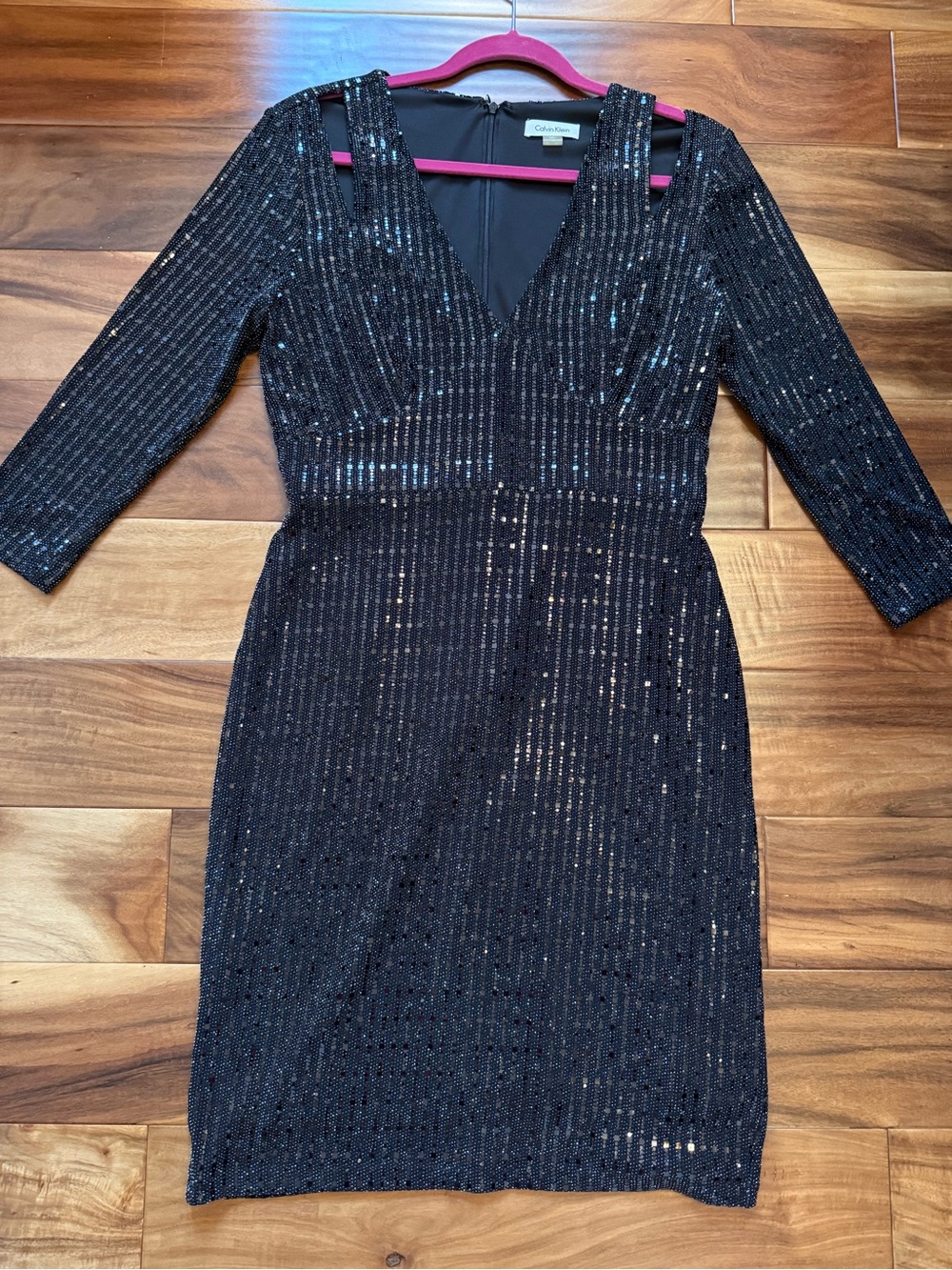 Calvin Klein Black Sequin V-Neck Long Sleeve Sheath Dress